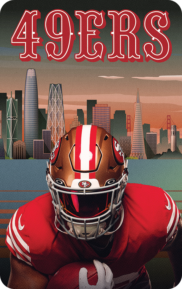 A library card design of a person holding a football in the San Francisco 49ers uniform.